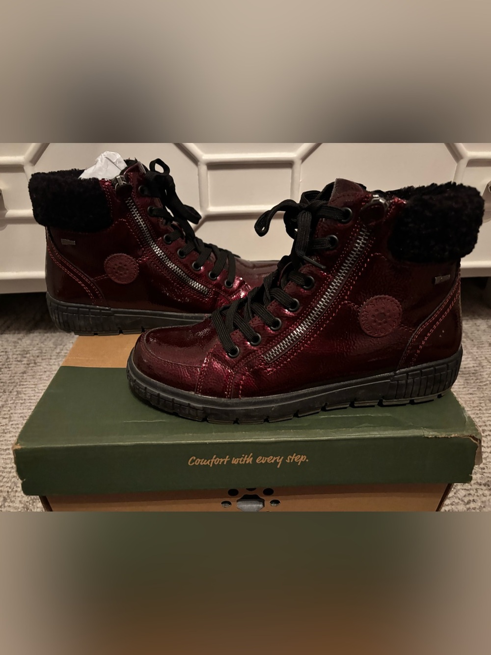 Spring Step Burgundy Patent Lace-Up Winter Boots with Faux-Fur Cuff